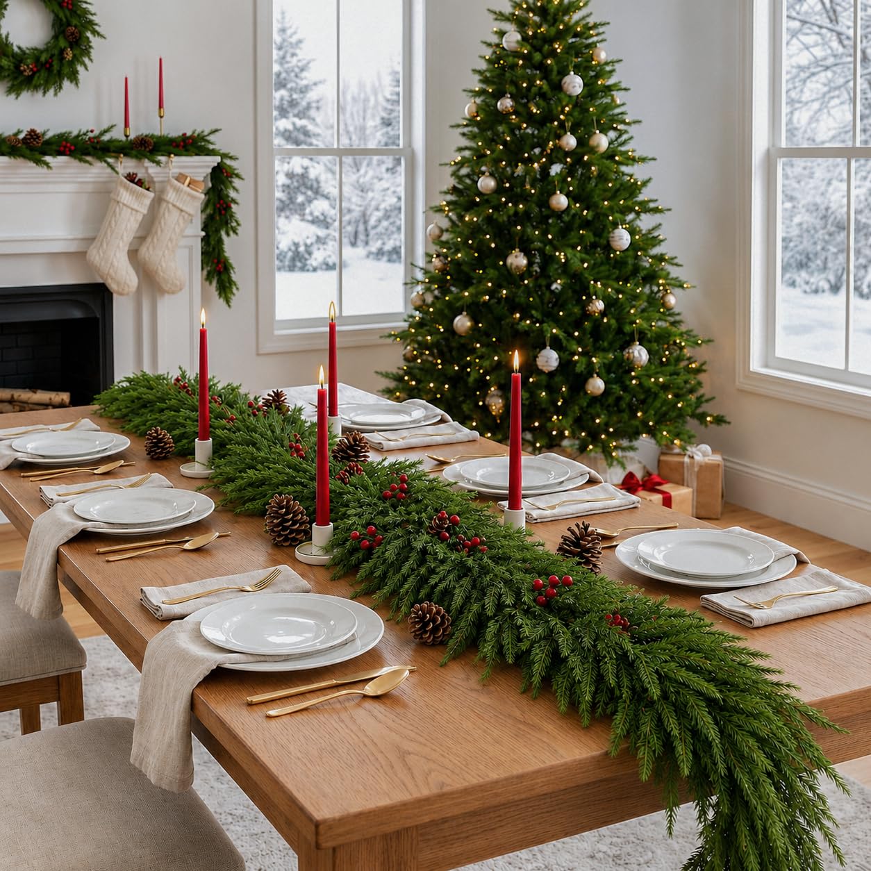 FesNiva 2 Pcs Artificial Norfolk Pine Garland – Winter Greenery Garland for Christmas Decorations, Ideal for Mantle, Table, Fireplace & Holiday Home Decor (9 FT)
