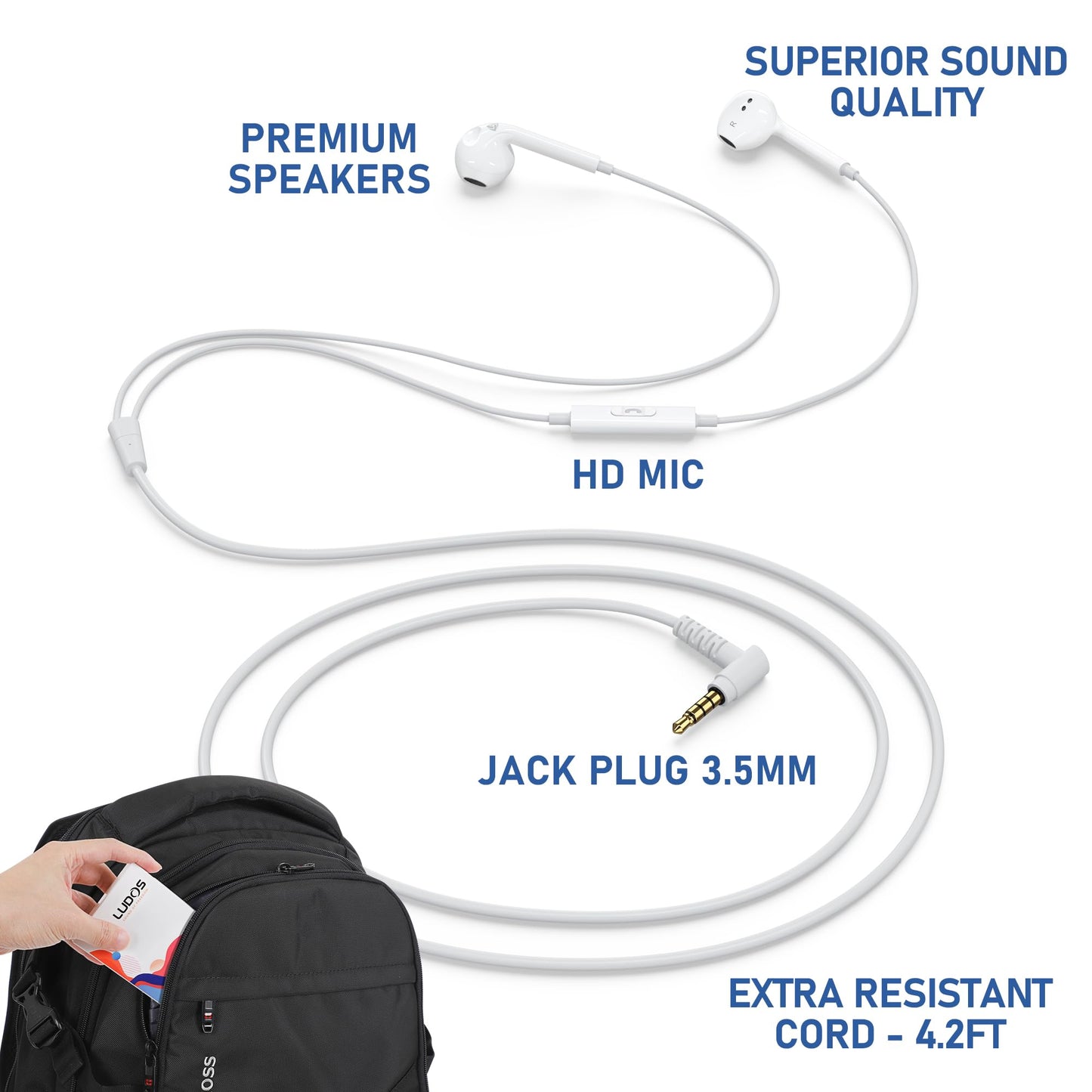 LUDOS ZENITH Wired Earbuds in-Ear Headphones, 2 Years Warranty, Earphones with Microphone, Corded for 3.5mm Jack Ear Buds for iPhone, Samsung, Computer, Laptop, Kids, School Students, Women, Small Ear