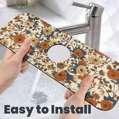 Faucet Draining Mat For Kitchen Sink, Peony Flower Blue Leaves Diatom Mud