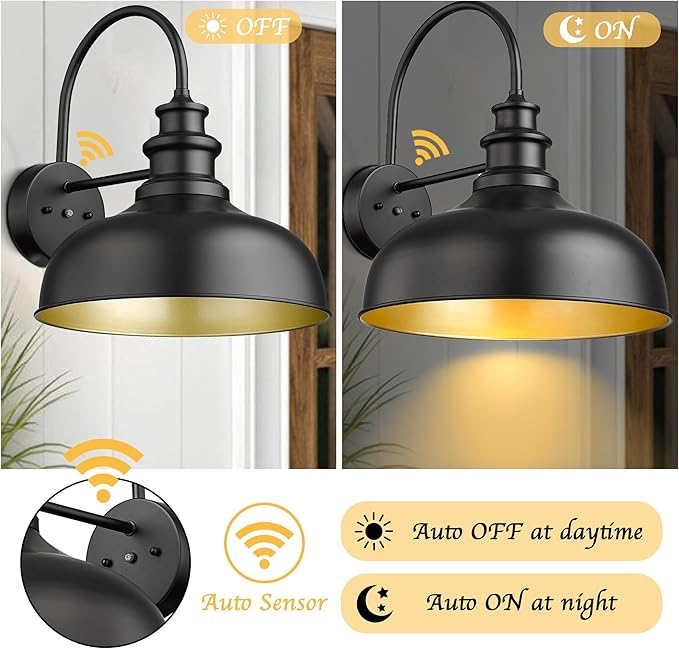 Bestshared 16 Inch Dome Large Dusk to Dawn Sensor Gooseneck Barn Light Farmhouse Outdoor Wall Sconce Industrial Exterior Wall Lighting Fixture, Outside Lantern Garage Lamp(Black+ Gold, 16” Dome-2Pack)