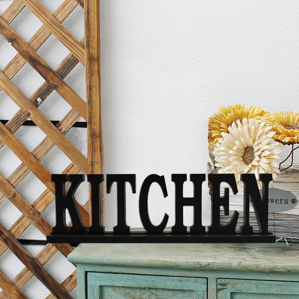 Linfevisi Black Wood Kitchen Sign Standing Block Letters Sign Rustic Freestanding Wood Word Decor Decorative Kitchen Table Sign Cutout Word Art Kitchen Shelf Decor (Black Kitchen Sign)