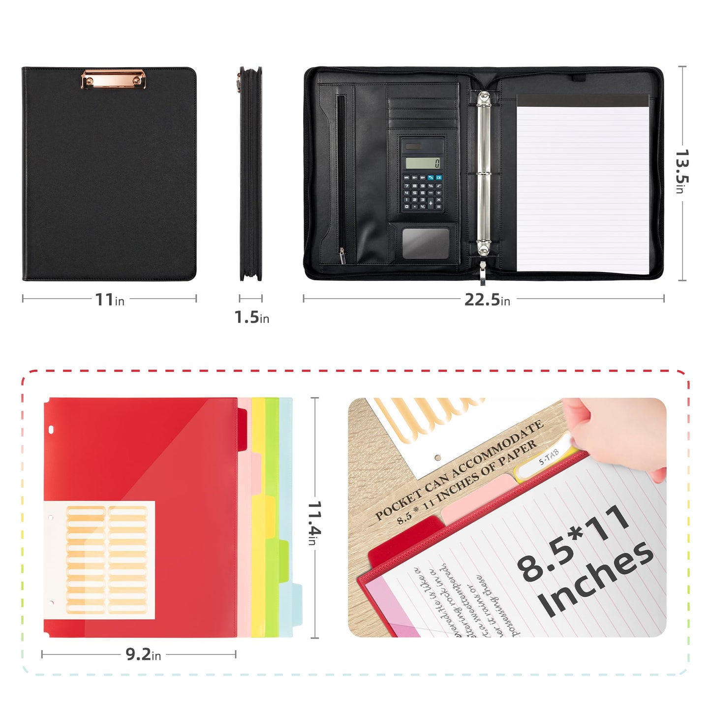 Ospelelf Zippered Padfolio Portfolio Folder, Leather Clipboard with Storage, 3 Ring Binder 1 Inch,12.1” Tablet Sleeve, 5 Dividers with Pocket, Refillable Notepad, Card Slot (Classic Black)