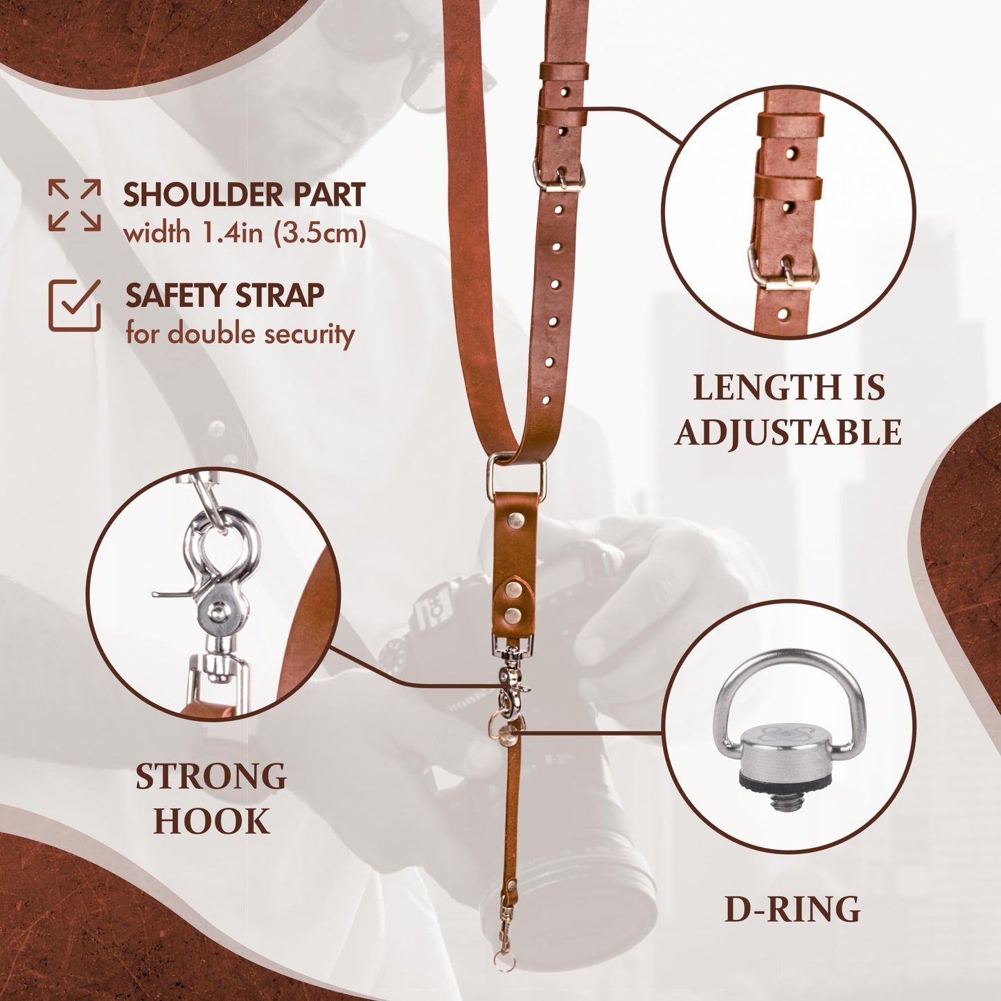 C Coiro Leather Camera Strap for One Camera - Professional Single Leather Harness Shoulder Strap Quick Release Gear DSLR/SLR, Camera Accessories for Photography, Tan