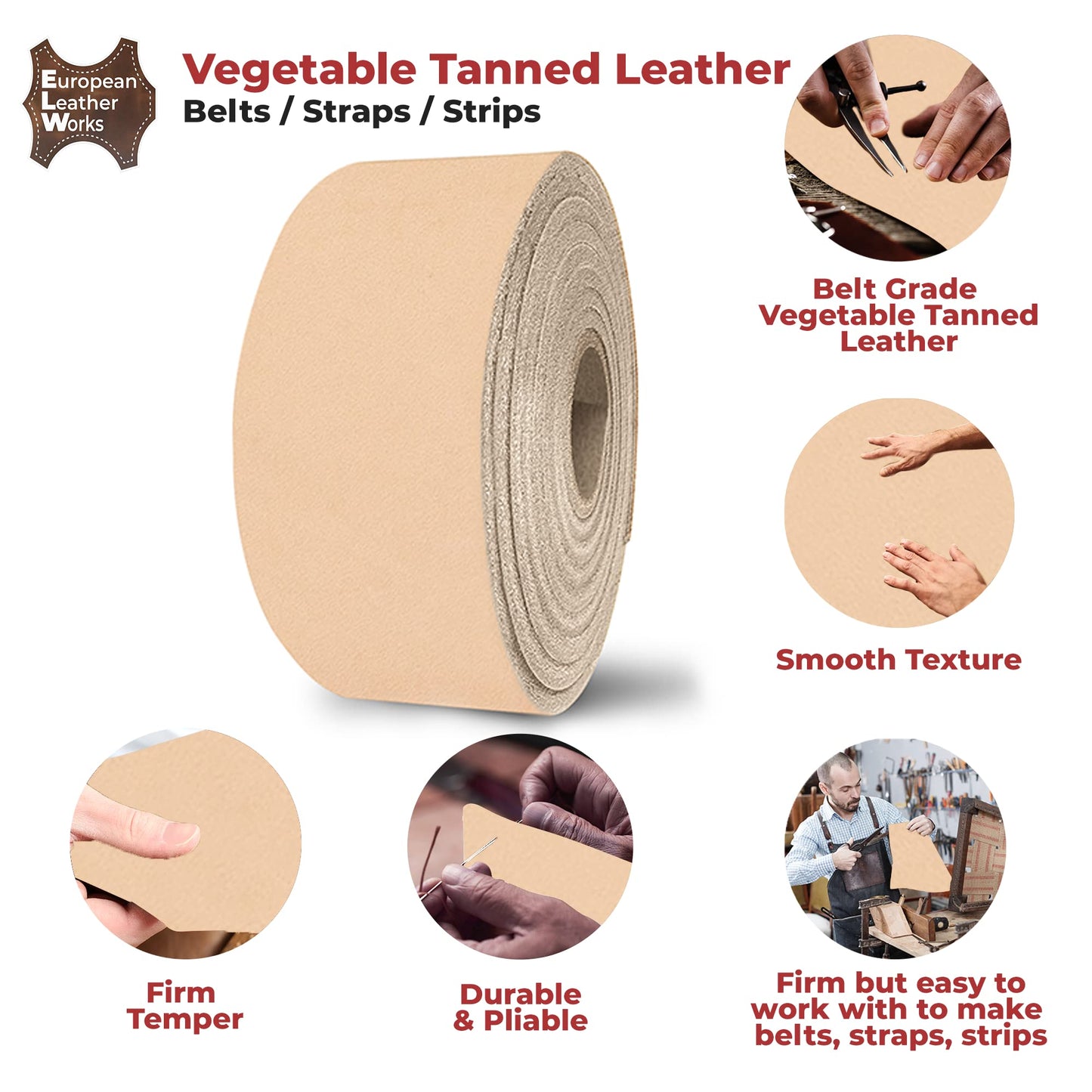 ELW 9-10 oz. (3.6-4 mm) Size: 2"x50" Vegetable Tanned Cowhide Full Grain Import Tooling Leather Belt Blanks, Straps/Strip for DIY & Craft, Harness, Holsters