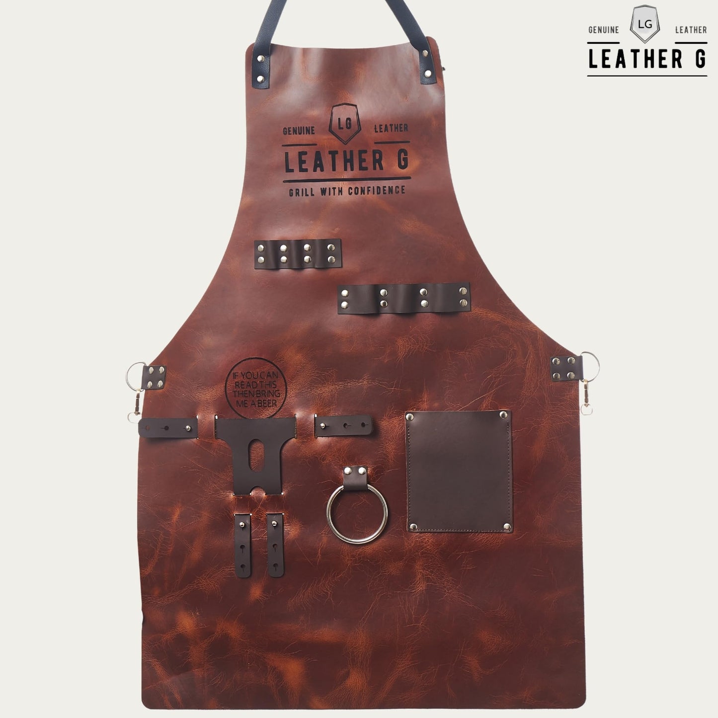 Leather G, Grill Apron with Beer Holder and Hand Towel, BBQ Pitmaster Apron – Heavy Duty, Made of Genuine Leather – Storage Pockets and Adjustable Straps for Grilling, Cooking (Brown Leather)