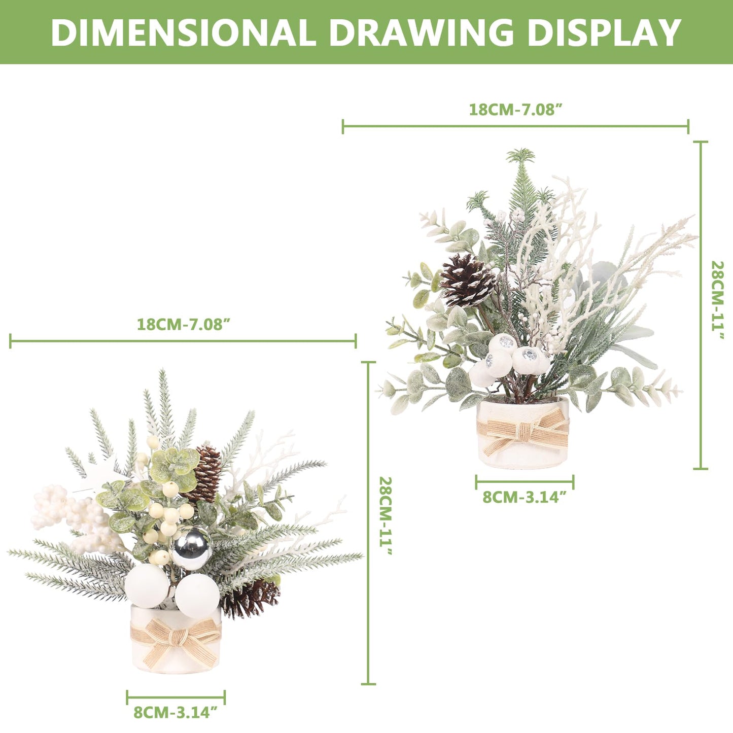 JJIALEIXI 2PCS Small Christmas Tree,11" Artificial Little Potted Mini Tabletop Tree Christmas Decorations, for Wedding Holiday Indoor Xmas Party Winter Decor (White/Green/Silver).