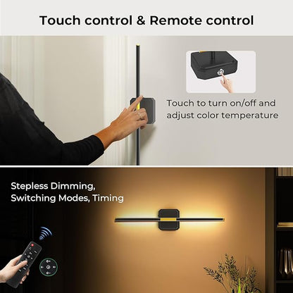10000mAh Detachable Battery Operated Wall Sconce, Wireless Wall Lamp 360°Rotate,3000-6500K Dimmable, Rechargeable Modern Wall Light for Bedroom, Living Room，28.3" Black Gold (1 Pack)