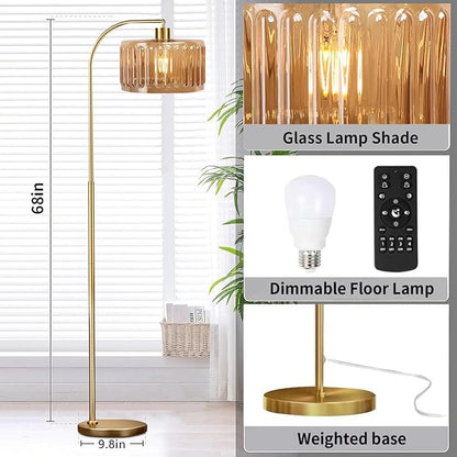Gold Floor Lamp for Living Room,Bedroom,Mid Century Modern Standing Lamp with Remote,Dimmable Brass Tall Lamp Glass Lamp Vintage Retro Arc Floor Lamps Flower Floor Light Boho Bohemian