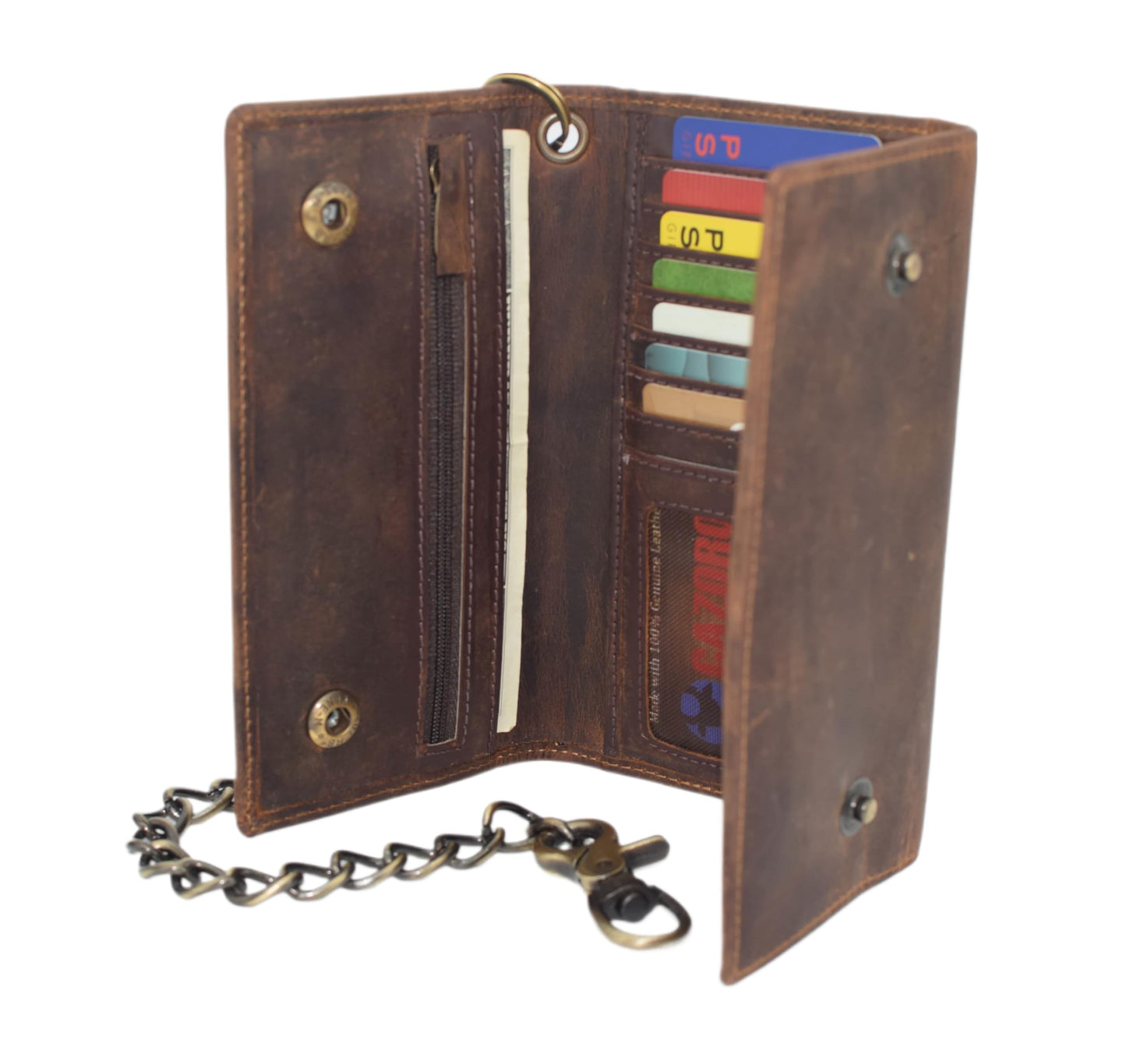 CAZORO Biker Skull Chain Wallet RFID Signal Blocking Men's Vintage Leather Long Tri-fold Chain Checkbook Card ID Wallet (Skull Brown)