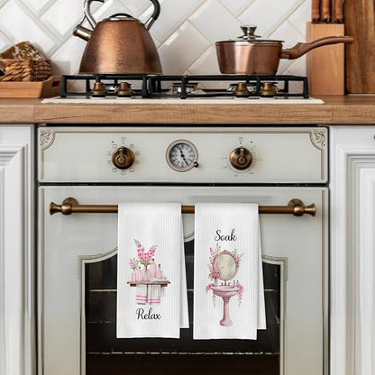 Farmhouse Pink Botanical Bathroom Hand Towels, Relax Breathe Soak Unwind
