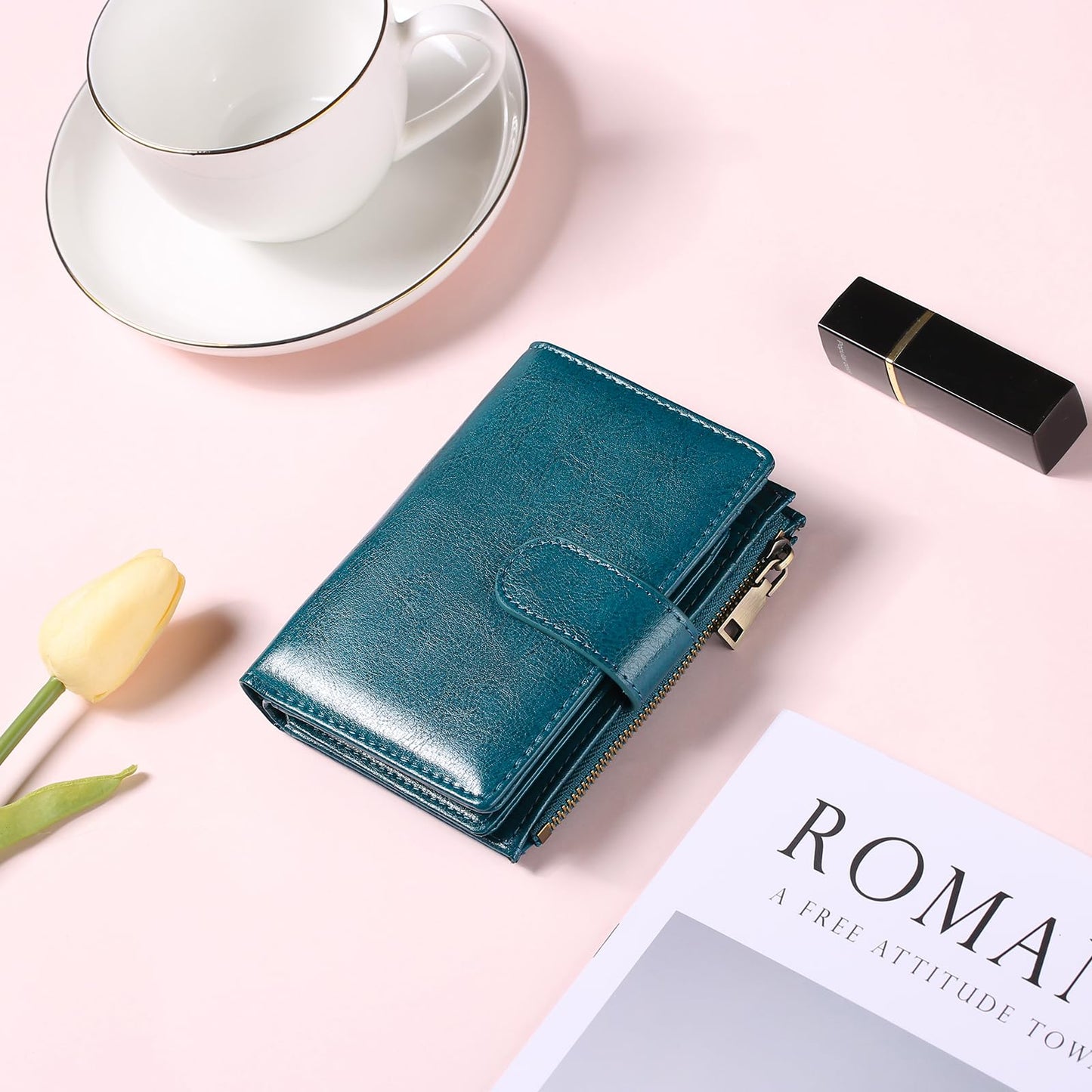 GAEKEAO Small Wallet Women Vegan Leather RFID Blocking Bifold Ladies Compact Card Holder with Zipper Pocket & ID Window