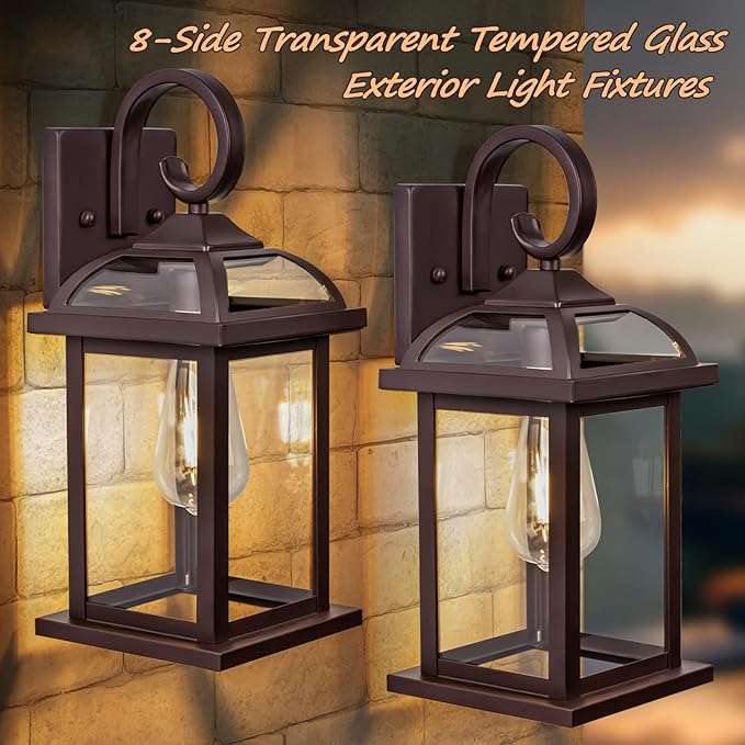 Bronze Outdoor Wall Lanterns Aluminum Anti-Rust Porch Lights 2-Pack, Exterior Light Fixtures IP65 Waterproof Clear Glass Brown Outdoor Sconces Lamps Wall Mount, Oil Rubbed Bronze