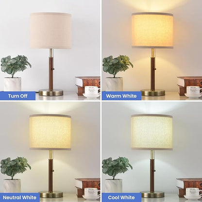 Mid Century Table Lamps Set of 2, 19.5" Modern Bedside Buffet Table Lamps with Pull Chain Switch, Antique Brass & Wood Small Nightstand Lamps for Living Room Bedroom End Table