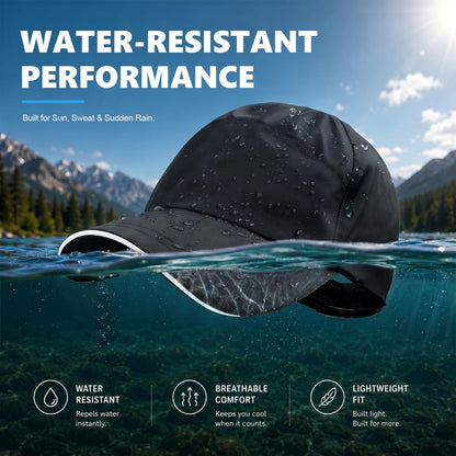 Waterproof Baseball Cap for Men Women UPF 50+ Reflective Quick Dry Running Hat Breathable Rain Golf Cap with Sweatband Black