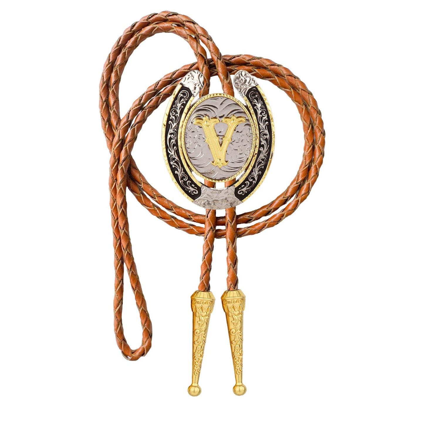 HLYMPONY Bolo tie for Men Western Cowboy Brown Leather Necktie Gold Initial Letter ABCDJMR to Z Bolo ties for Women (V)