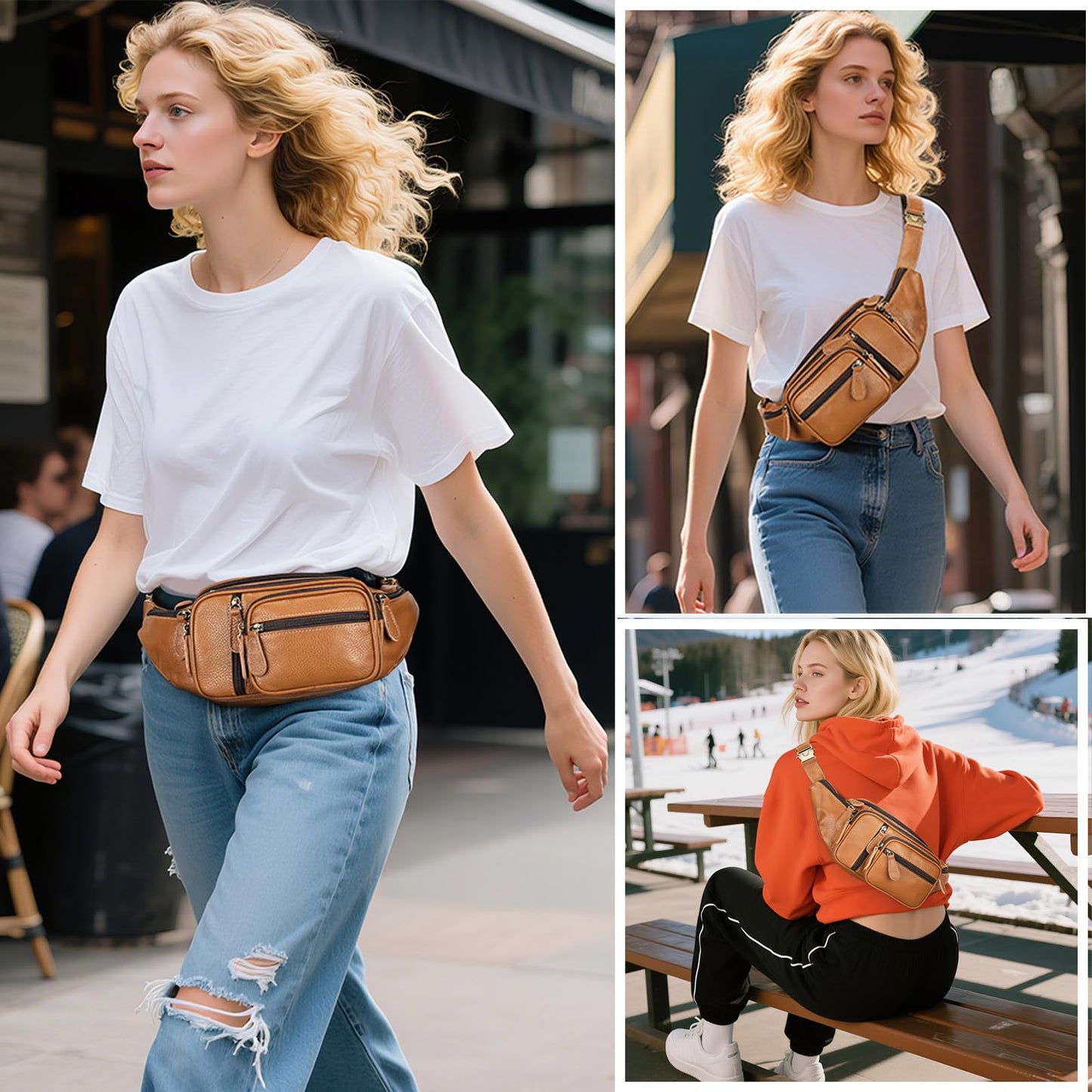 Genuine Leather Fanny Pack large capacity Crossbody Waist Bag with Zipper phone Pockets brown