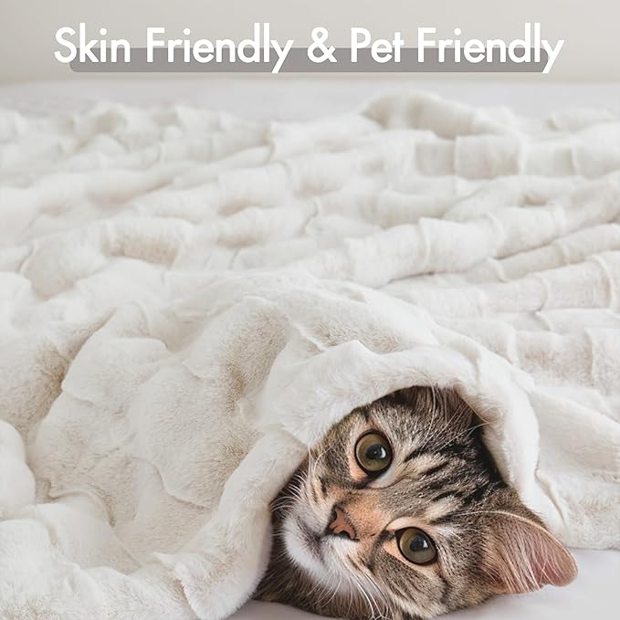 Madison Park Luxuriously Cozy Soft Long Faux Fur Throw Basketweave Blanket Reversible Soft & Snuggly Velvet Throw, Lightweight, Breathable Trendy Room Décor Summer Blanket, 50x60, Ivory