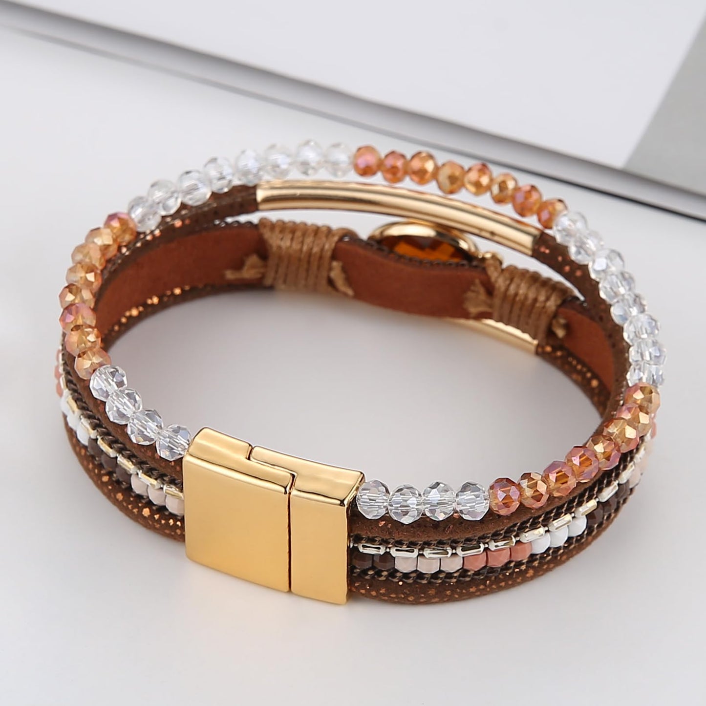 HZMAN Boho Handmade Multilayer Leather Wrap Bracelets for Women Acrylic Crystal Cuff Bangle Jewelry Gift