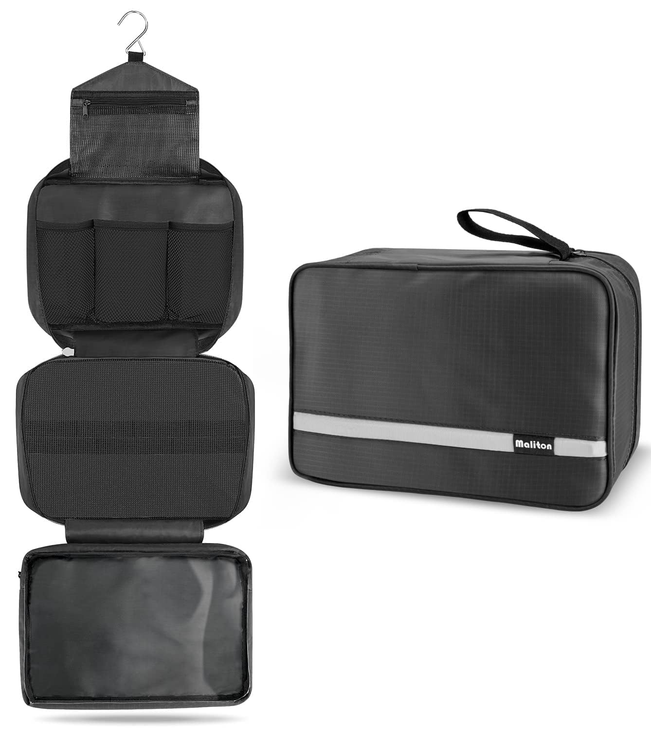 Maliton Toiletry Bag for Men & Women Large Toiletry Bags for Traveling Hanging Toiletry Bag Hygiene Bag with 4 Compartments Waterproof Bathroom Shower Bag (Black)