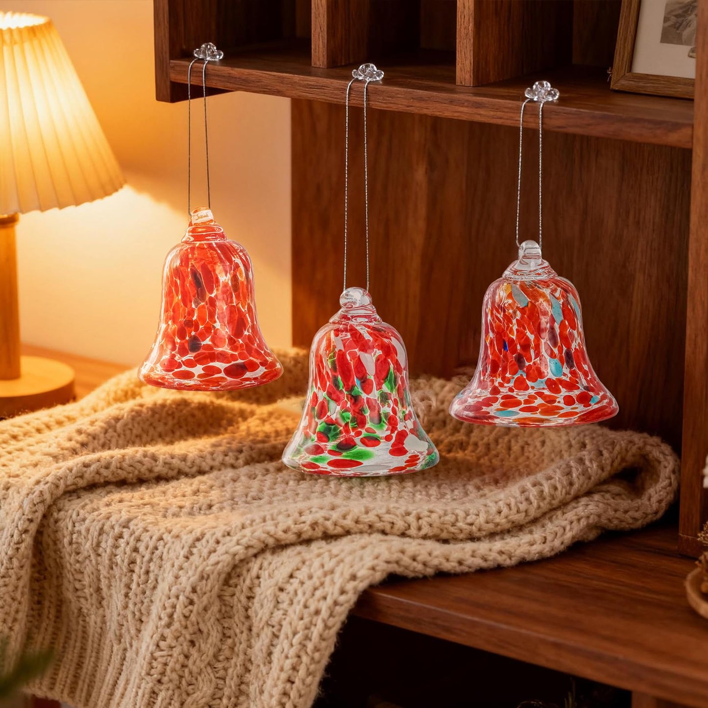 3 Pcs Red Glass Hanging Bell Ornaments for Garden, Patio, and Home