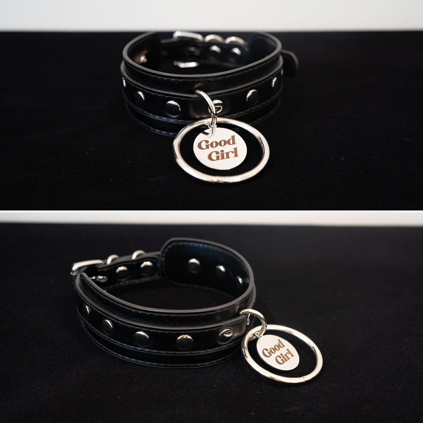 ADEMISHIA Black O-ring Leather Choker Collar for Women, Gothic Punk Style Adjustable Choker Necklace with Rivets and Engraved Letters Steel Tag