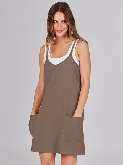 Caracilia Womens Summer Mini Dress 2025 Casual Sleeveless Built in Shapewear Sundress Trendy Short Tennis Athletic Outfits Coffee Medium