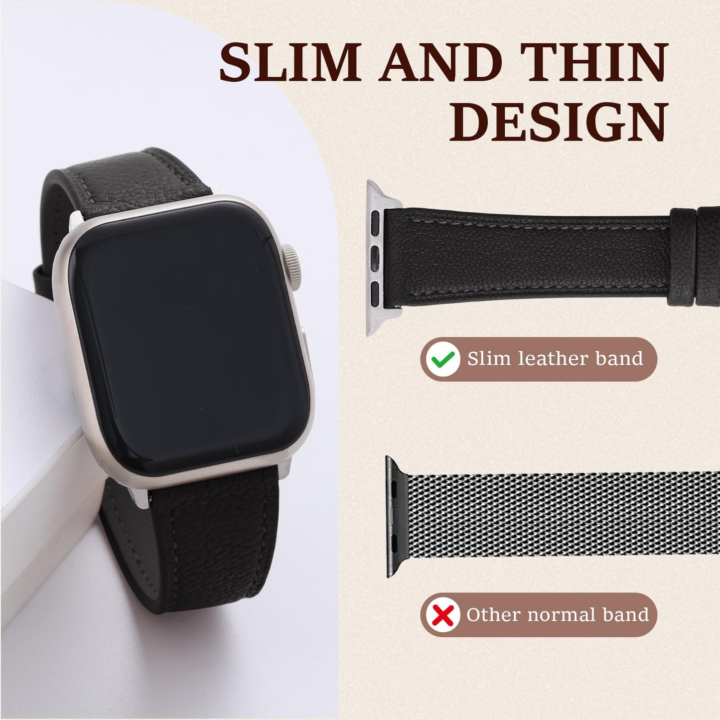 Soft French Goatskin Women's Slim Leather Band Compatible with Apple Watch 38mm 40mm 41mm 42mm 44mm 45mm 46mm 49mm, Lightweight Thin Leather Strap for iWatch Series Ultra SE 11 10 9 8 7 6 5 4 3 2 1