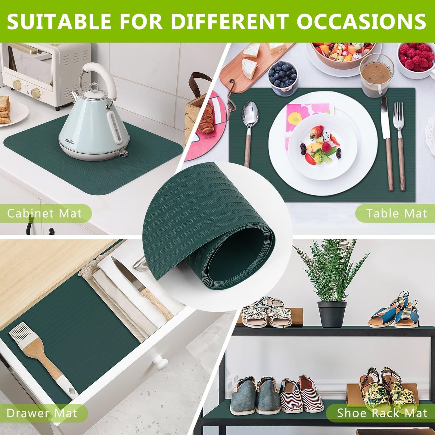 Shelf Liners Non Adhesive Kitchen Drawer Cabinet Liner, 11.8 x 157.5 inches Waterproof Durable Liners for Shelves Refrigerator Pantry Cupboard Protector Mat, Green