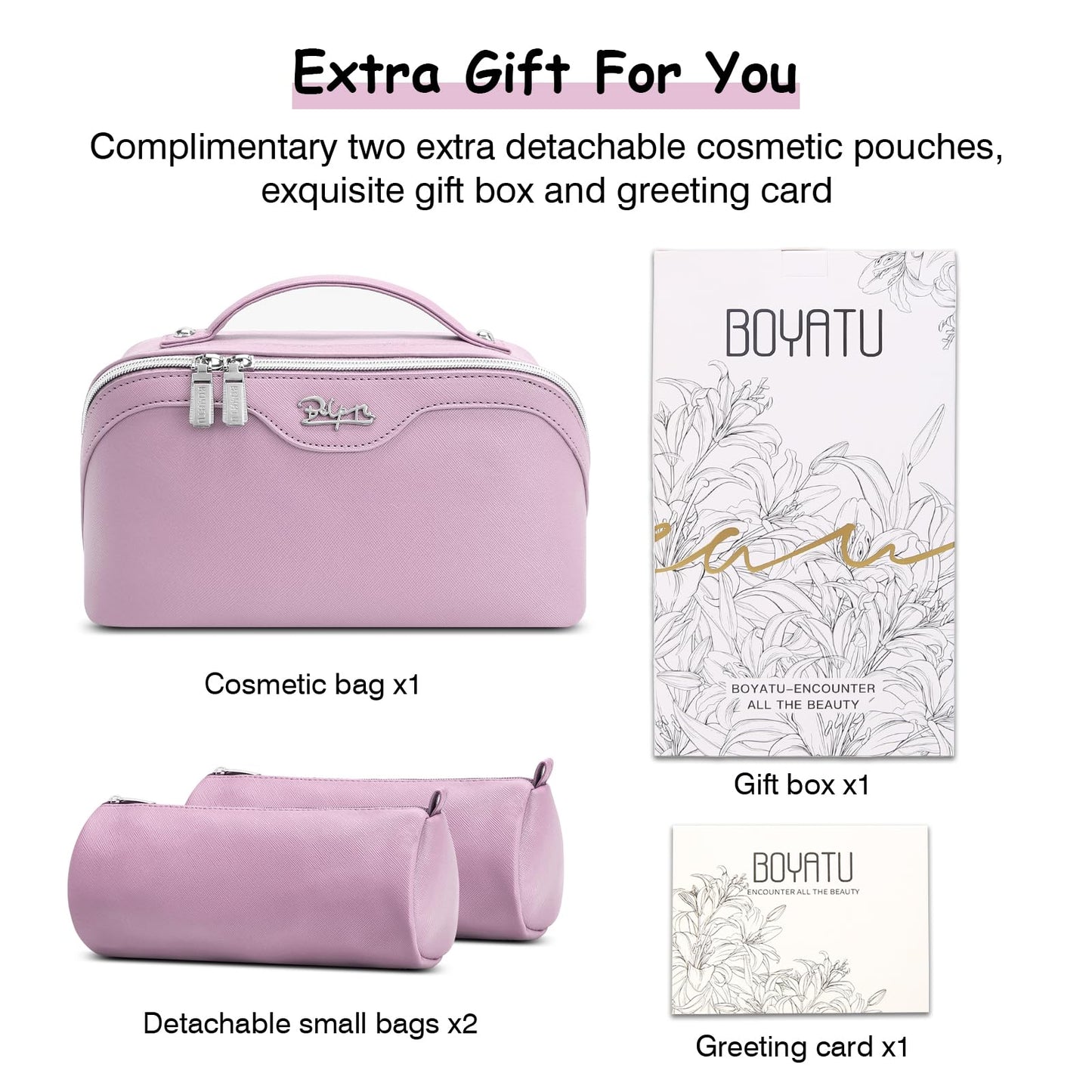 BOYATU Travel Makeup Bag Organizer Cosmetic Bag: 3 Pcs Set Make up Bags for Women with Handle - Waterproof Vegan Leather Toiletry Bags Travel Essentials Pouch with Compartments (C-06-Purple)
