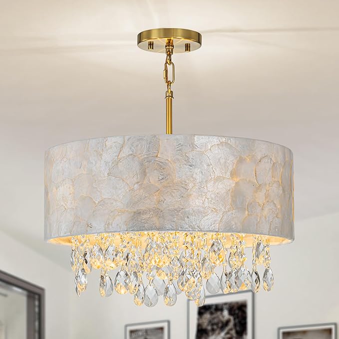 4-Lights Drum Capiz Shell Crystal Chandeliers, Coastal Style Pendant Light Fixture for Dining Room, Living Room, D18 x 21~68"(Adjustable), Shell Lampshade & Gold Finish