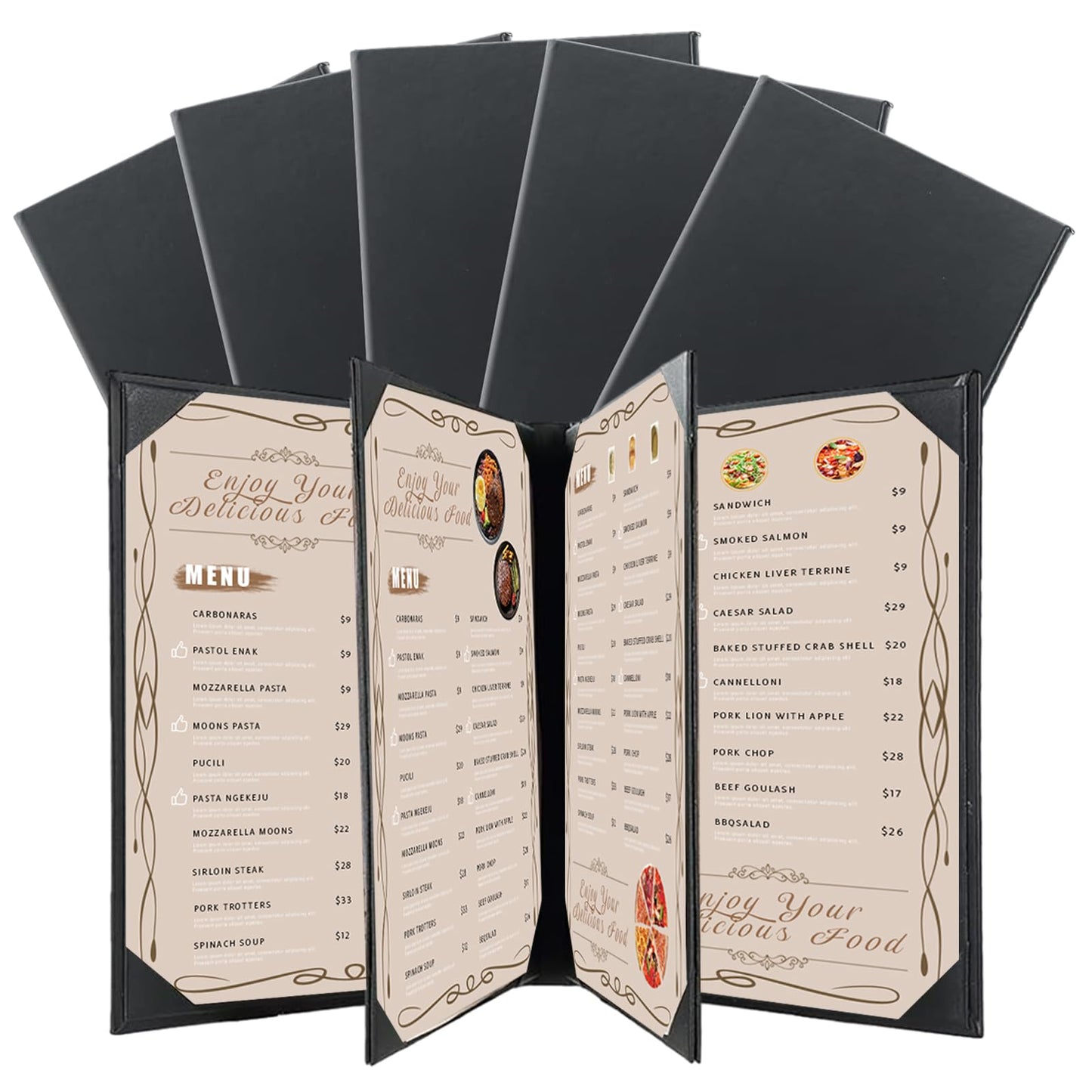 FLKQC Restaurant Menu Covers Holders 8.5 X 11, 5 Pack Synthetic Leather Menu Holder Covers Book Style with Angled Corners Black for Wine List, Certificate Organizer Diploma Holder (4 Page 6 View)