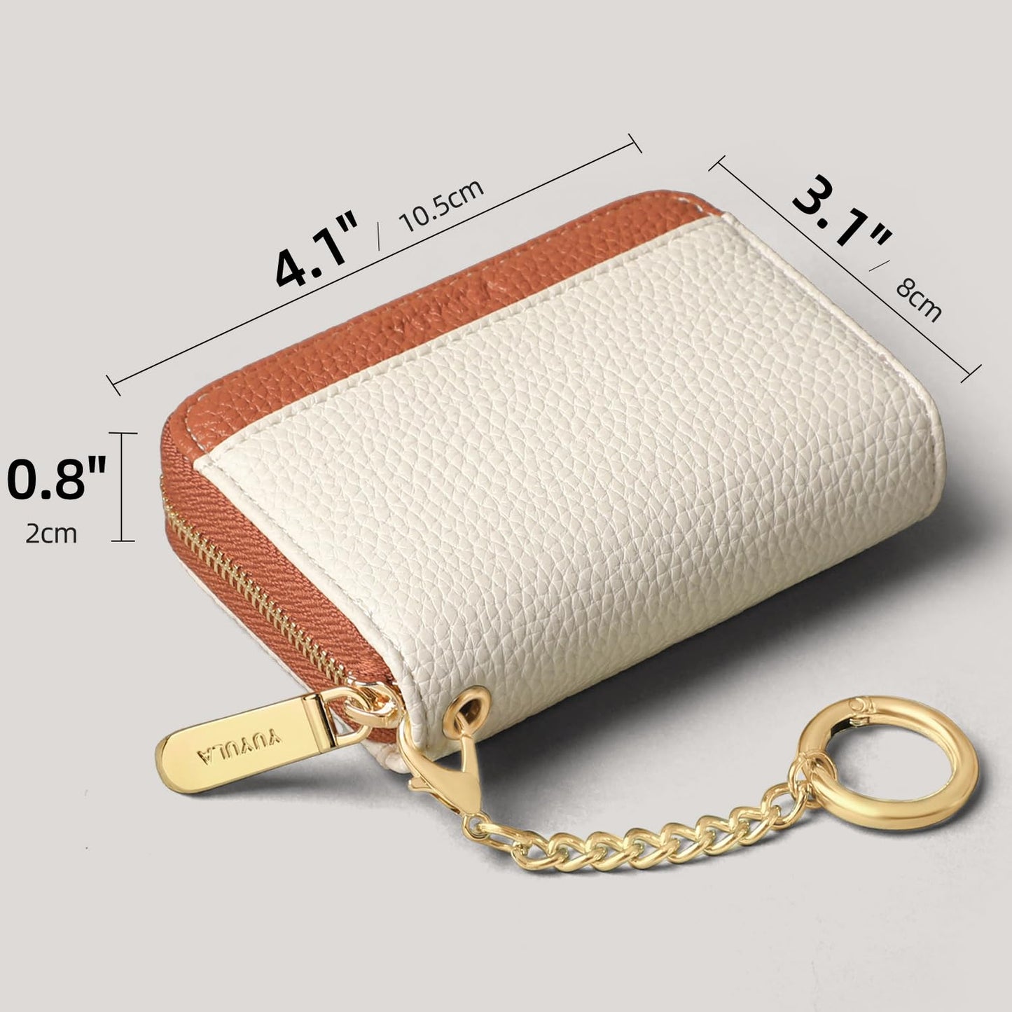 YUYULA Lether Women Credit Card Wallet, Zipper Business Card Holder for Women, RFID Blocking, KeyChain Wallet (Beige With Brown)