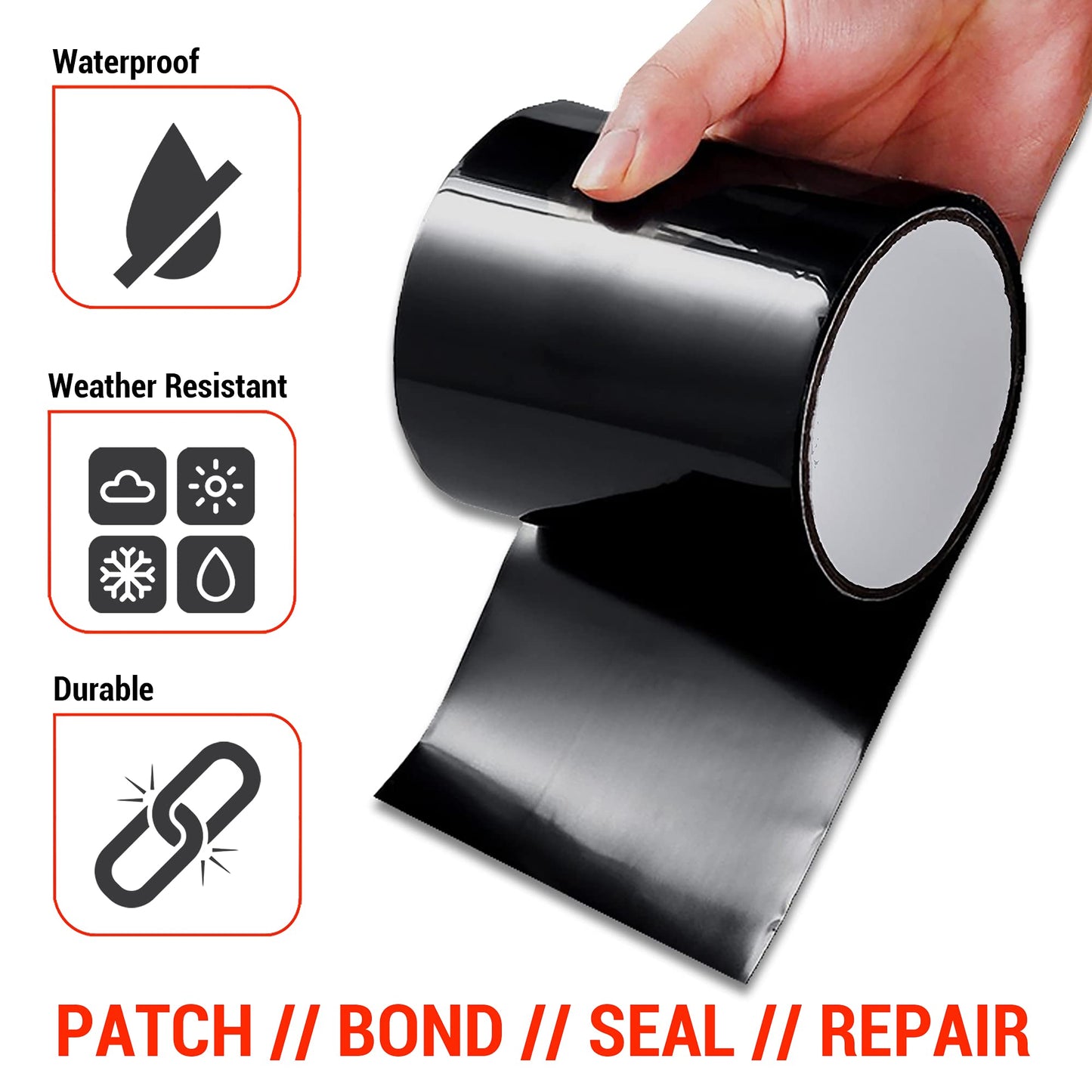 CANOPUS Patch and Seal Tape, Waterproof Tape for Indoor & Outdoor Use, Heavy Duty Thick Rubberized Repair Tape, Fix Leaks on Hoses, Pipes, Gutters, Roofs, Boats, Pools, 4" x 5' Black