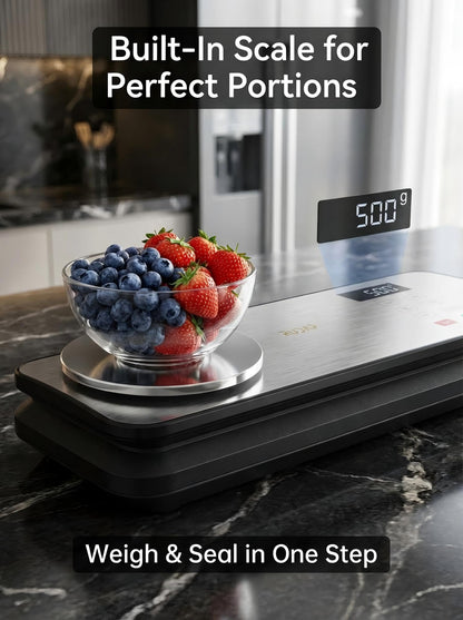 Vacuum Sealer for Food, 90kPA Powerful Food Saver Vacuum Sealer Machine with Digital Kitchen Scale, 12-in-1 Food Vacuum Sealer with Dry & Moist Food Modes, 10 pcs & 1 Roll Vacuum Bags, Starter Kits