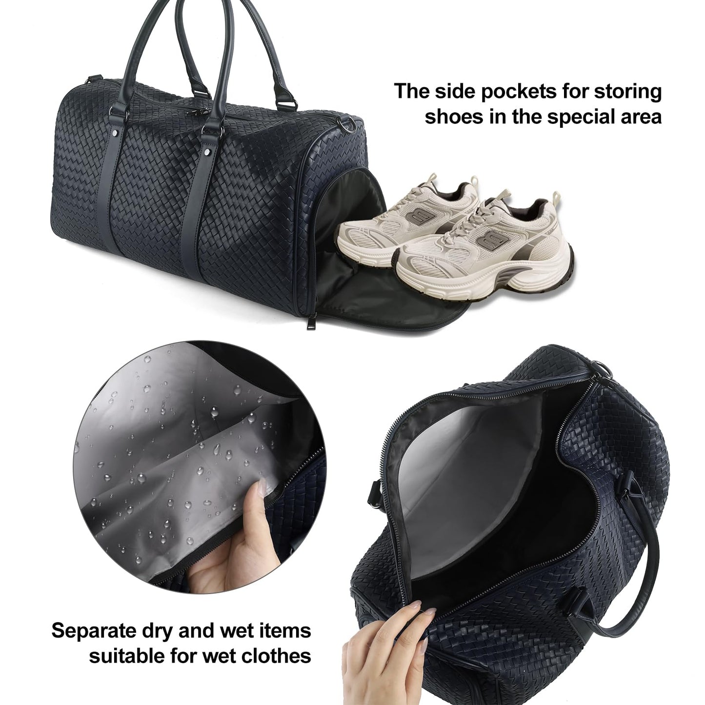 Weekender Bags for Women Woven Leather Travel Duffle Bag with Shoe Compartment, Carry On Garment Bag for Men Women, Large Capacity Water-resistant Gym Tote (Dark Blue)
