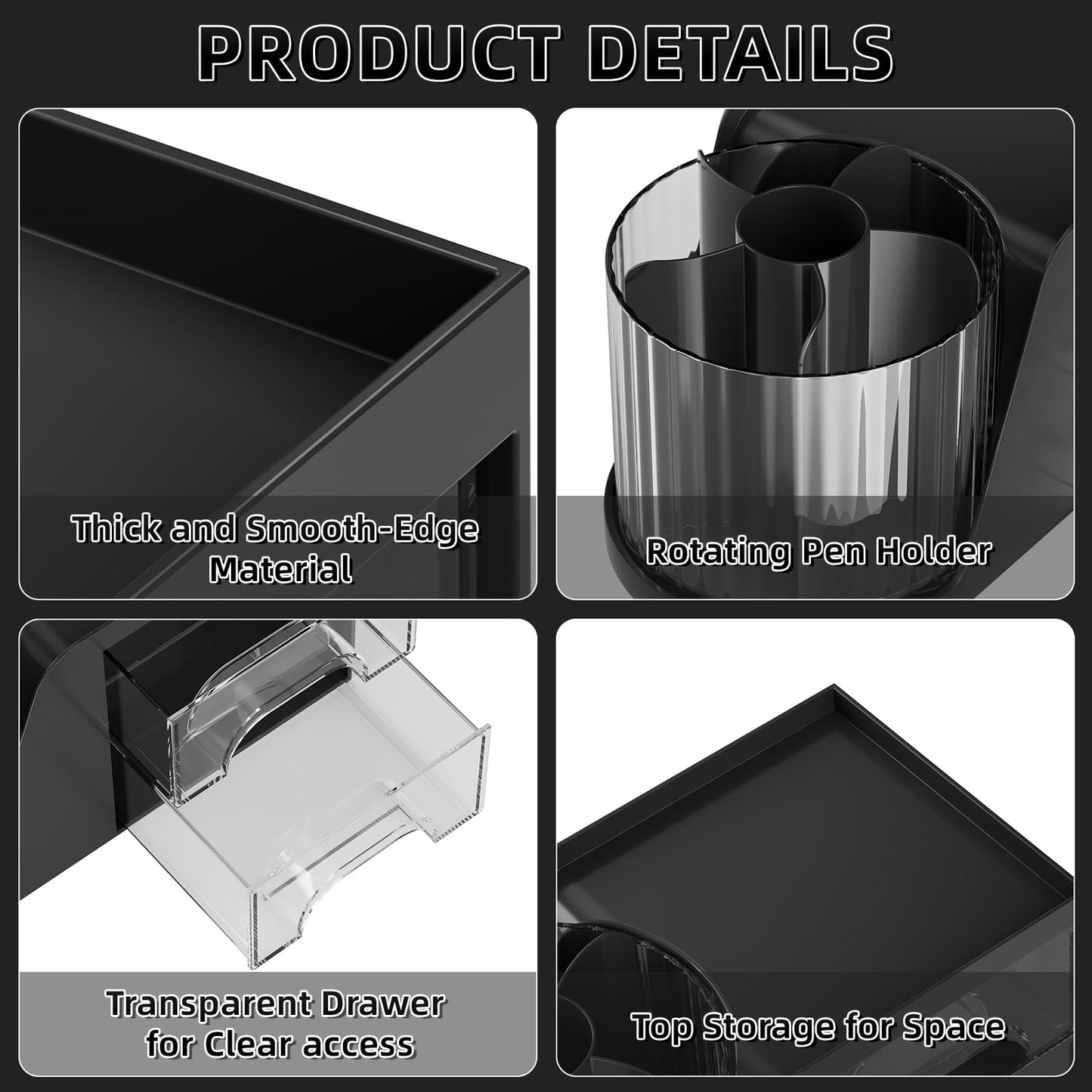 Marbrasse Desk Organizer with 2 Drawer, 360°Rotating Pen Holder, Desk Organizers and Accessories with 6 Slots Pencil Holder + 2 Drawer, Art Supply Storage Box Caddy for Office (Black)