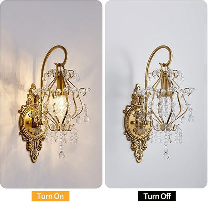 Gold Crystal Vintage Wall Sconces Set of 2 Indoor Hardwired Wall Light Fixture, Modern Wall Mount Lamp Light for Bedroom Living Room Bathroom Vanity Light Hallway Light Fixture Decor LED E12