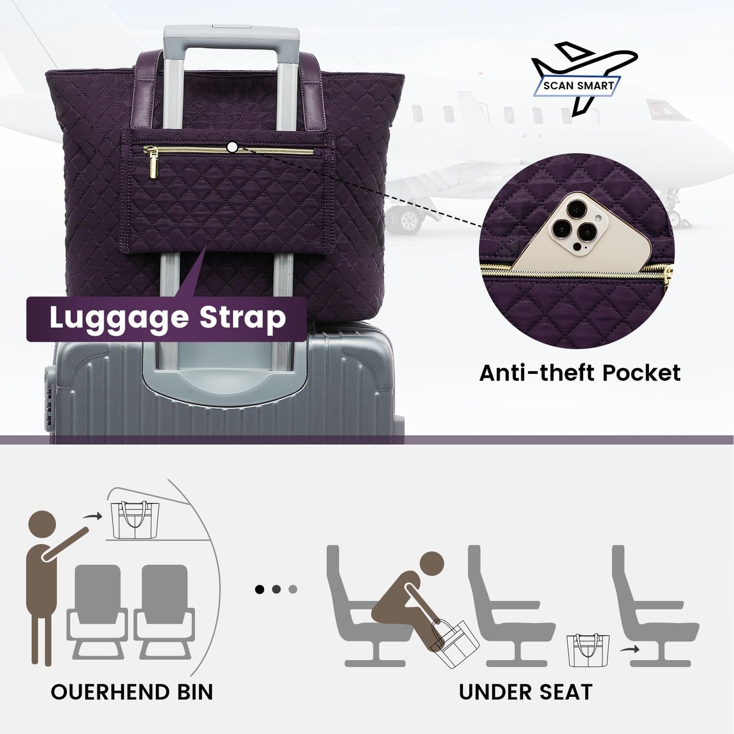 LOVEVOOK Laptop Bag for Women, Stylish Diamond Quilted Work Tote with Clutch Purse, 15.6-inch Purple Tote