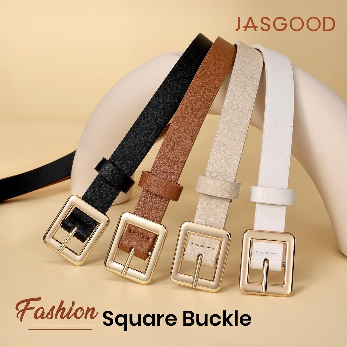 JASGOOD 4 Pack Women Skinny Belts for Jeans Ladies Thin Waist Belt for Dress Gold Buckle 0.7inch Width