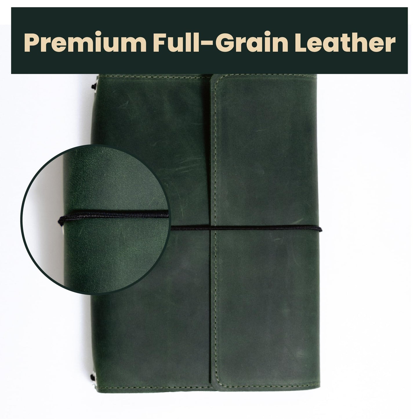 OMBUO Full-Grain Leather A5 Journal Cover – Refillable Traveler’s Notebook Case with 3 Elastic Bands, Pen Loop & Card Pockets – Fits A5/Half-Letter Inserts (Paper Not Included), Green