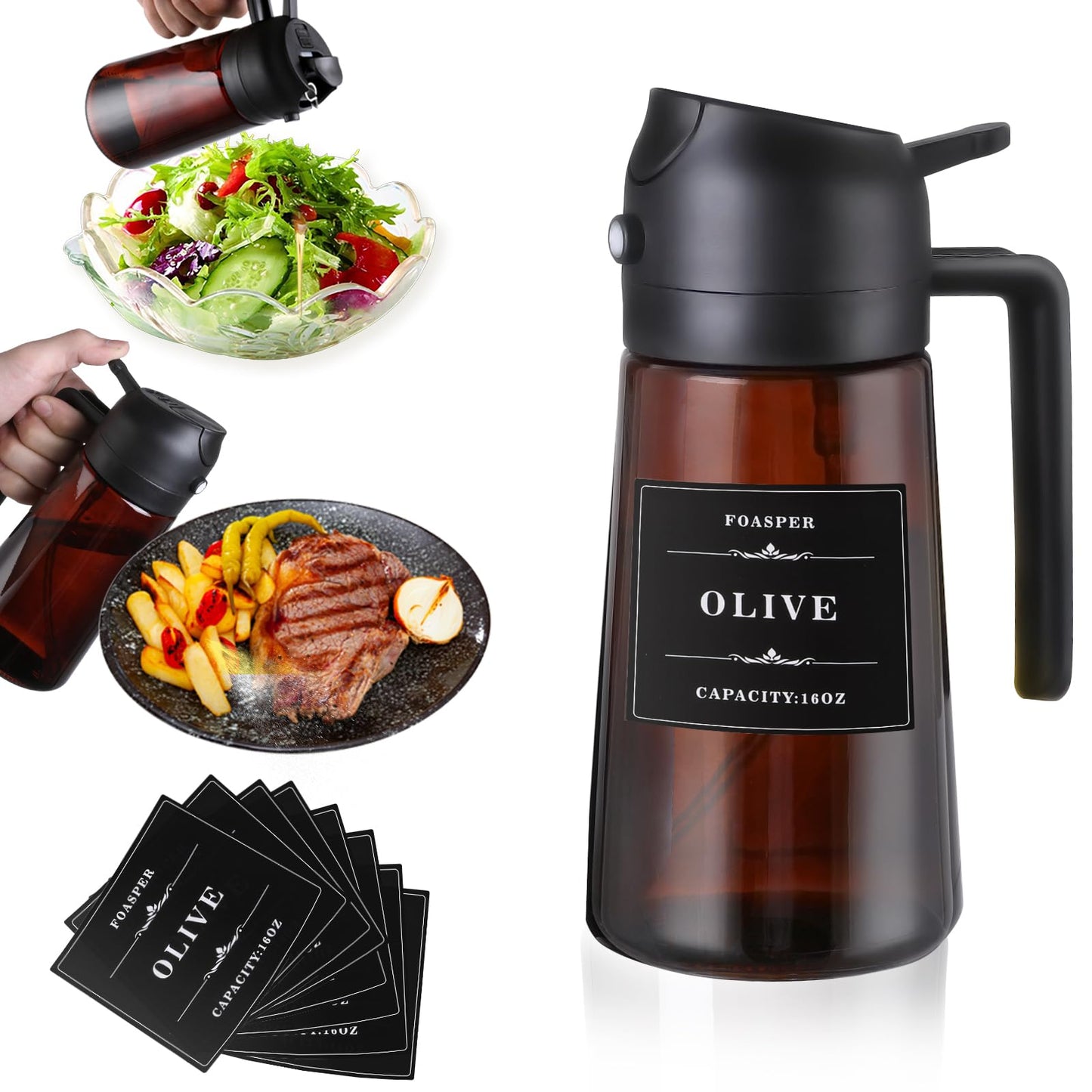 FOASPER 2 In 1 Olive Sprayer Dispenser for Cooking Kitchen, 16oz / 470ml Glass Oil Sprayer Bottle Spray and Pour, Air Fryer, Salad, BBQ, Upgraded Light Blocking Brown