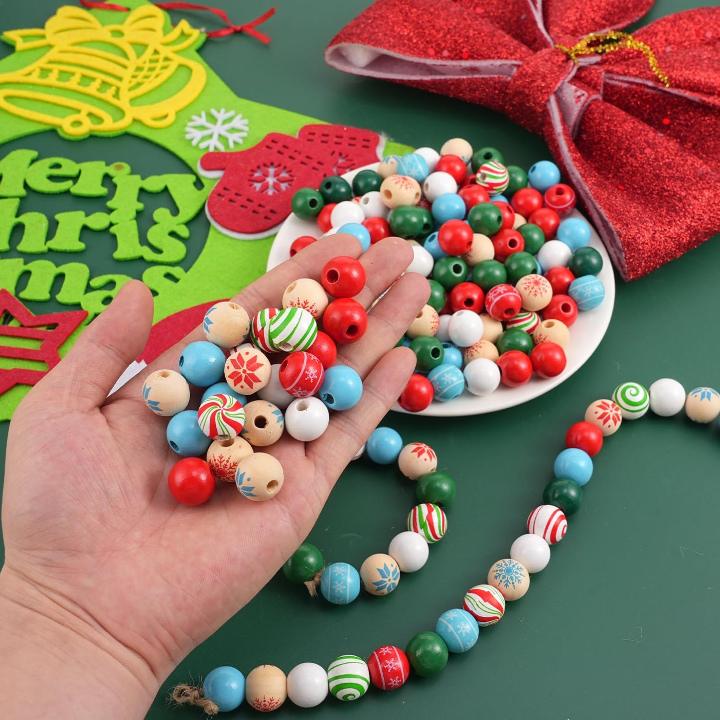 200 Pcs Christmas Wooden Beads for Crafts Natual Painted Wood Spacer Loose Beads with Twine for Xmas Party Holiday DIY Garland Hanging Decor