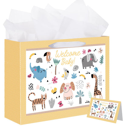 woric 14.5" Baby Gift Bag for Baby Shower with Tissue Paper and Greeting Cards for Boys Girls Birthday Party(Cute Animals)