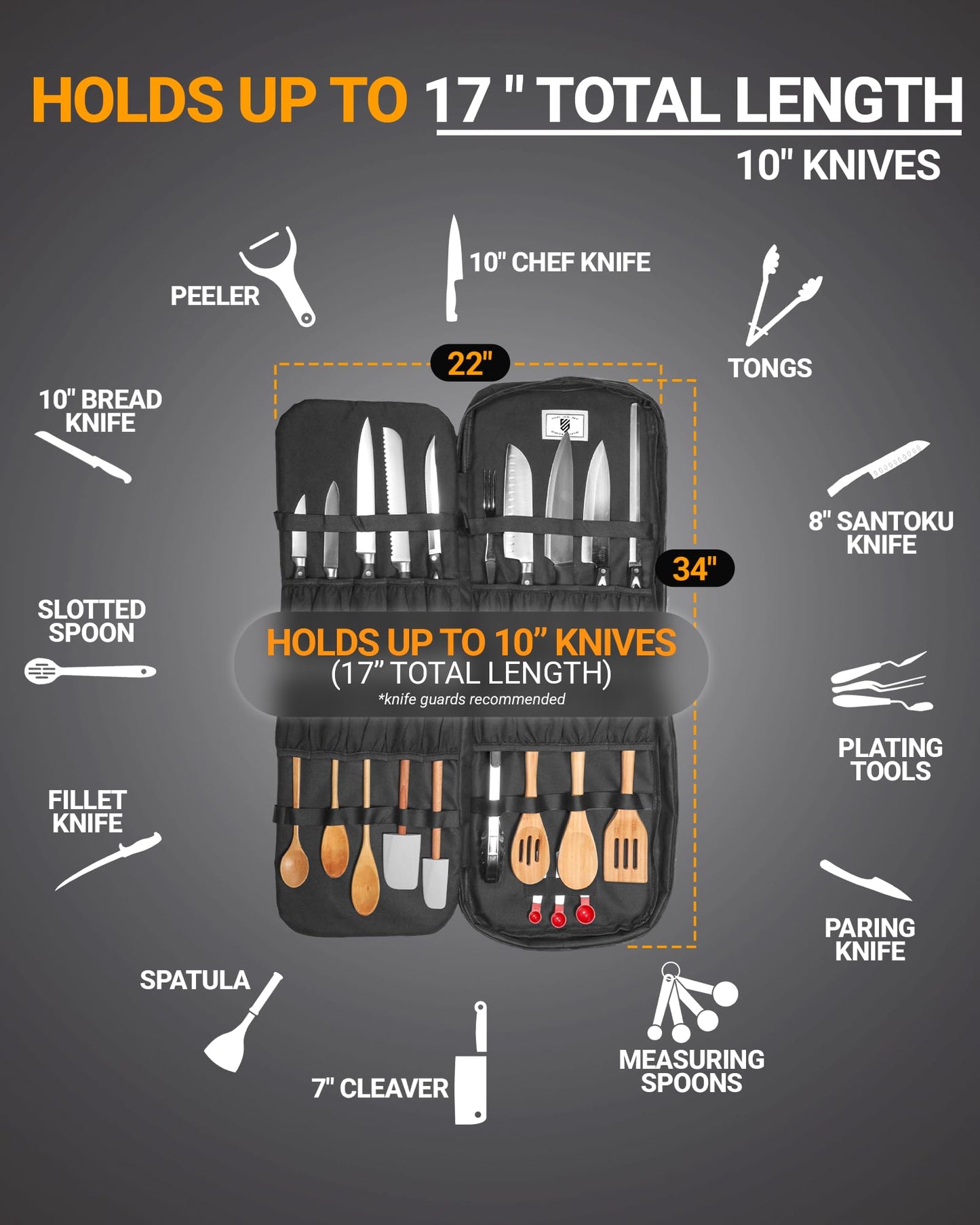 Chef Knife Bag Vintage Backpack VINTAGE, Professional Knife Carrying Case for Chefs & Culinary Students, 30+ Pockets, Holds 10" Knives, Water-Resistant 600D Material (Night Black)