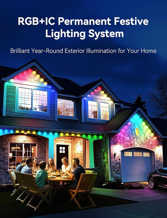 Permanent Outdoor Lights for House, RGB+IC IP67 Waterproof Smart Eave Lights 100ft with 50 LED, Eternity Lighting for Holiday Daily Decor, Work with Remote, APP