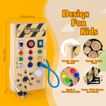 Montessori Wooden Busy Board with 8 LED Light switches, Sensory Toys Light Switch Travel Toys for 1+ Year Old Baby and Toddler