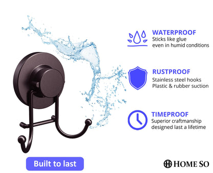 HOME SO Suction Cup Hooks for Shower & Bathroom Towel Holder 2-Pack – Suction Cups Hooks for Hanging Towels, Robes, & Coats - Tiles, Glass Door or Mirror – Shower and Towel Hooks - Bronze, Stainless