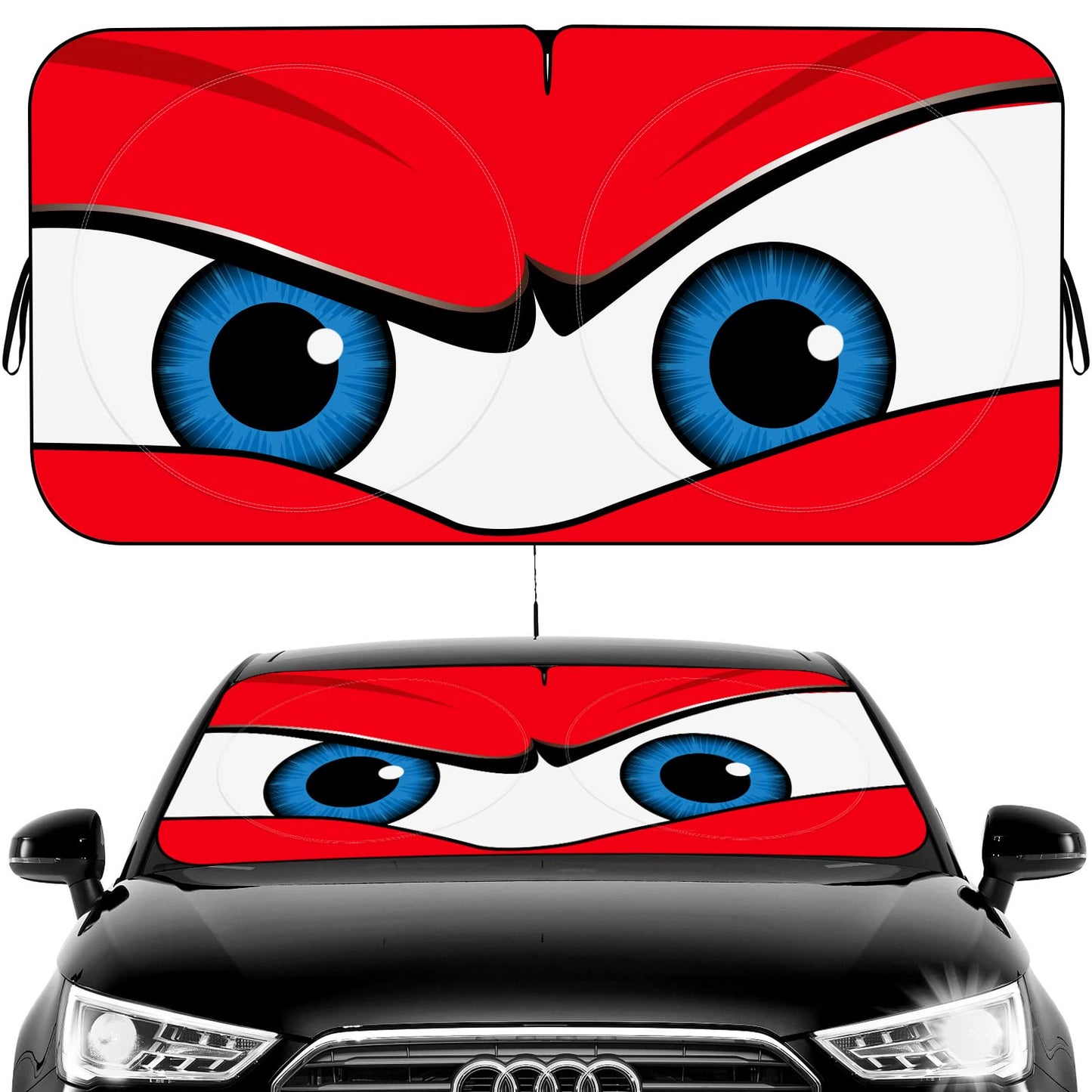 Car Windshield Sun Shade, Car Sun Shade Funny Car Eyes Sun Visor for Car Windshield, Wear-Resistant Black Tape, Foldable 63.7" L x 32" W