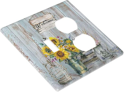 Decorative Light Switch Cover Plate Country Flower Vintage Wood Board Sunflower Butterfly 2 Gang Outlet Covers 1 Toggle 1 Duplex Wall Plate Decorate Electrical Switch Plate Covers for Bathroom Home