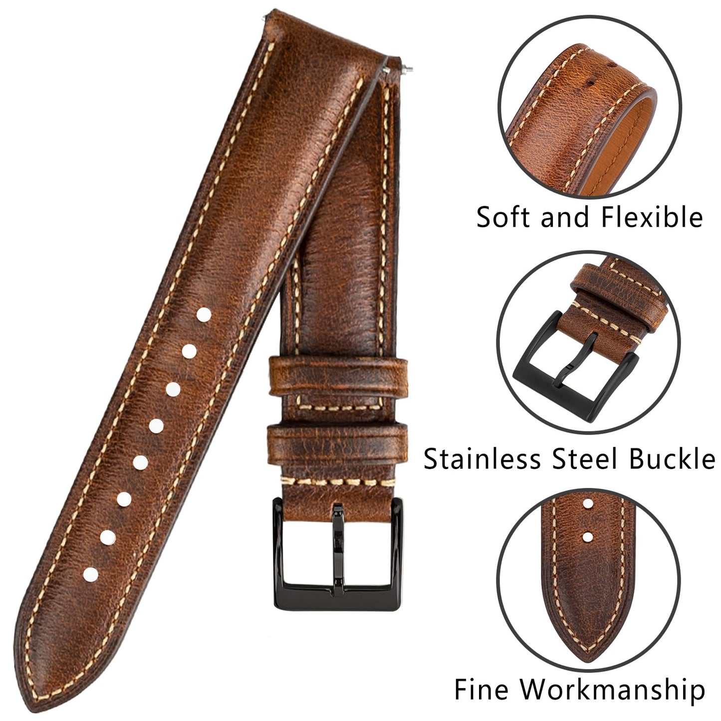Gomvadr Quick Release Leather Watch Bands 14mm 16mm 18mm 19mm 20mm 21mm 22mm 24mm ,Vintage Oil Wax-Tanned Leather Watch Straps Men's Watch Band Replacement Watch Strap for Men Women,Tan with Contrast Stitch/Blk Buckle, 20mm